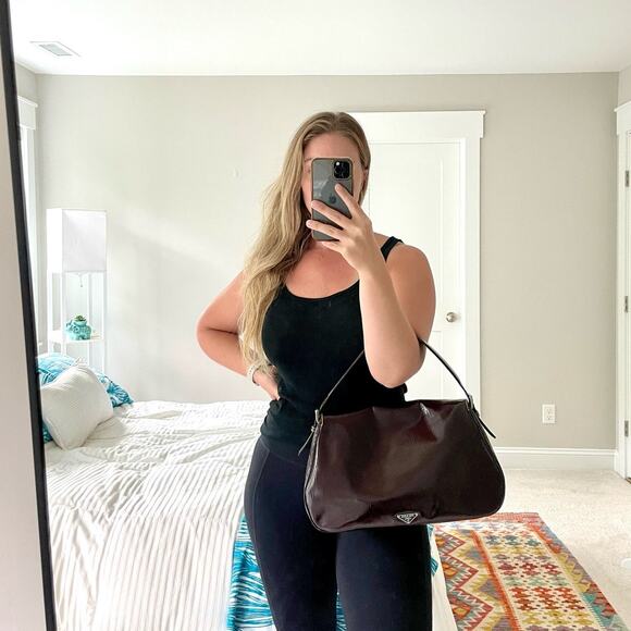 Prada Patent Leather Shoulder Hobo Bag Buckle Flap Triangle Logo - Picture 3 of 17